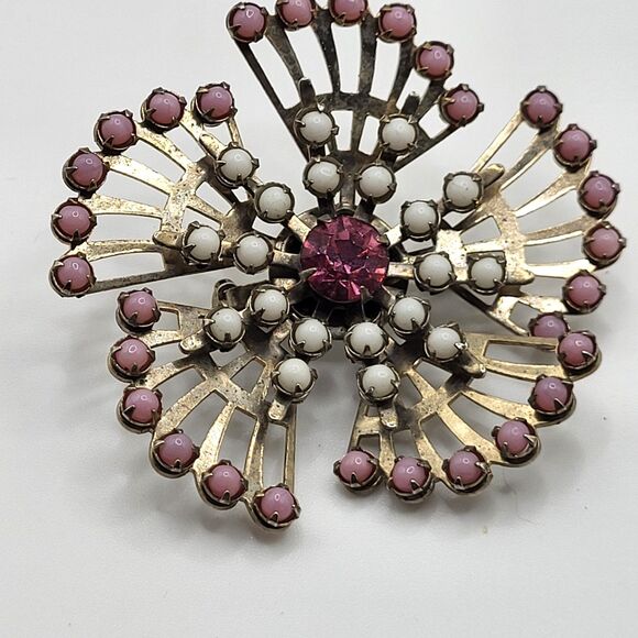 Vintage Starburst Pronged Flower Pink Brooch Pin 2.25in - Picture 3 of 4